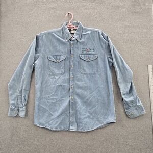 VINTAGE Terry Men Button Up Shirt L Light Blue Denim Atlanta 1996‎ Olympic 90s